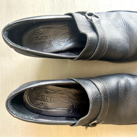 Born Leather Ankle Block Heel Slip On Boots Booties Women Sz 9 Black Strap Moto - Picture 11 of 15